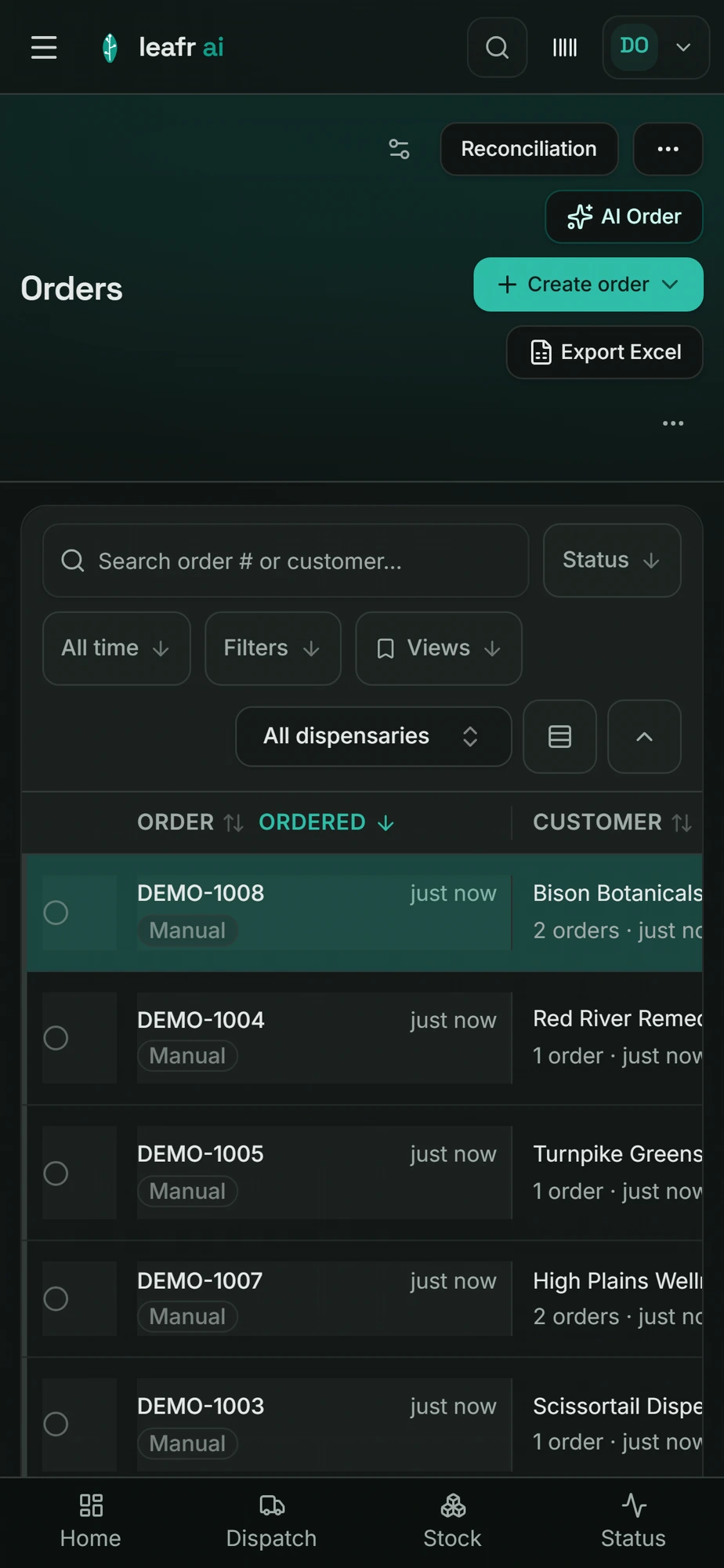 Leafr operator app on iPhone — Orders screen listing every order in one place, with AI order drafting.