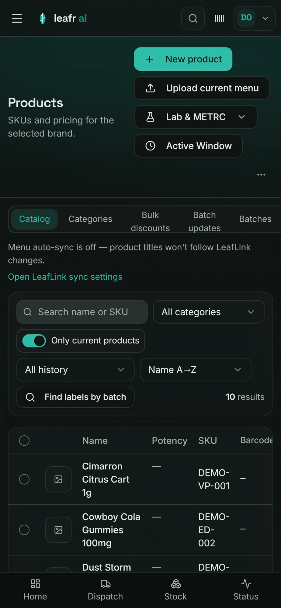 Leafr operator app on iPhone — Products screen with the catalog, pricing, lab results and METRC.